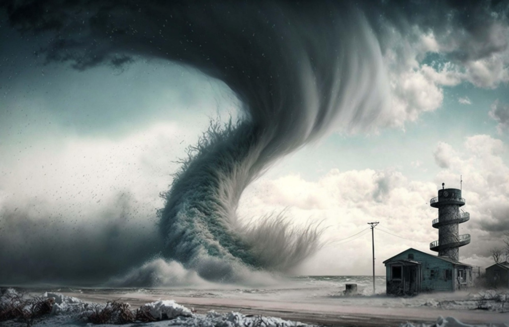 A famous tornado image showing a funnel cloud in the distance