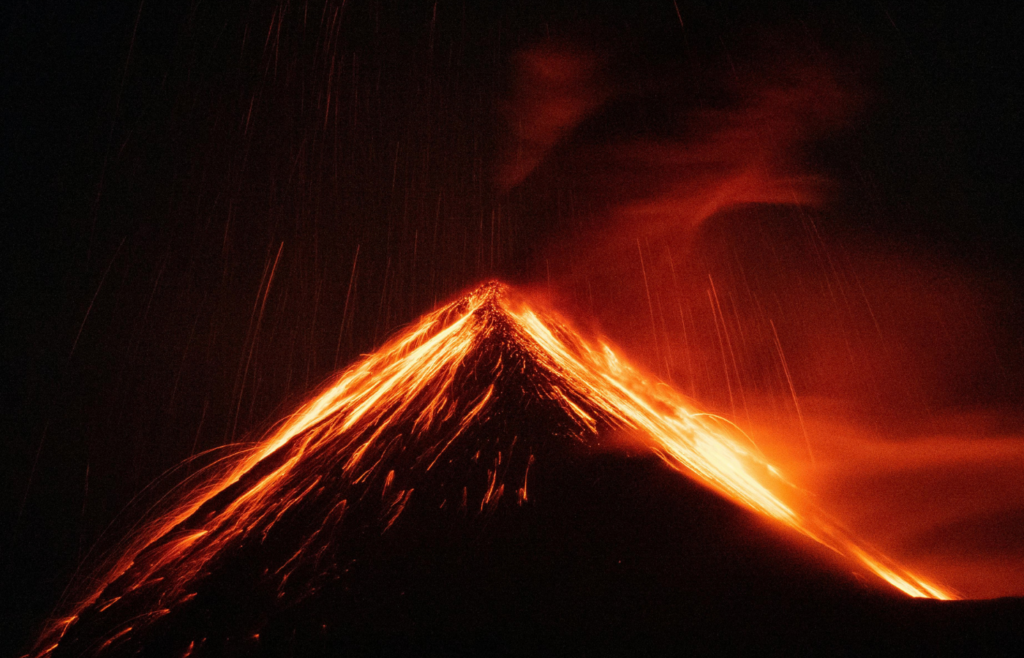 Lightning bolt inside a plume of volcanic ash