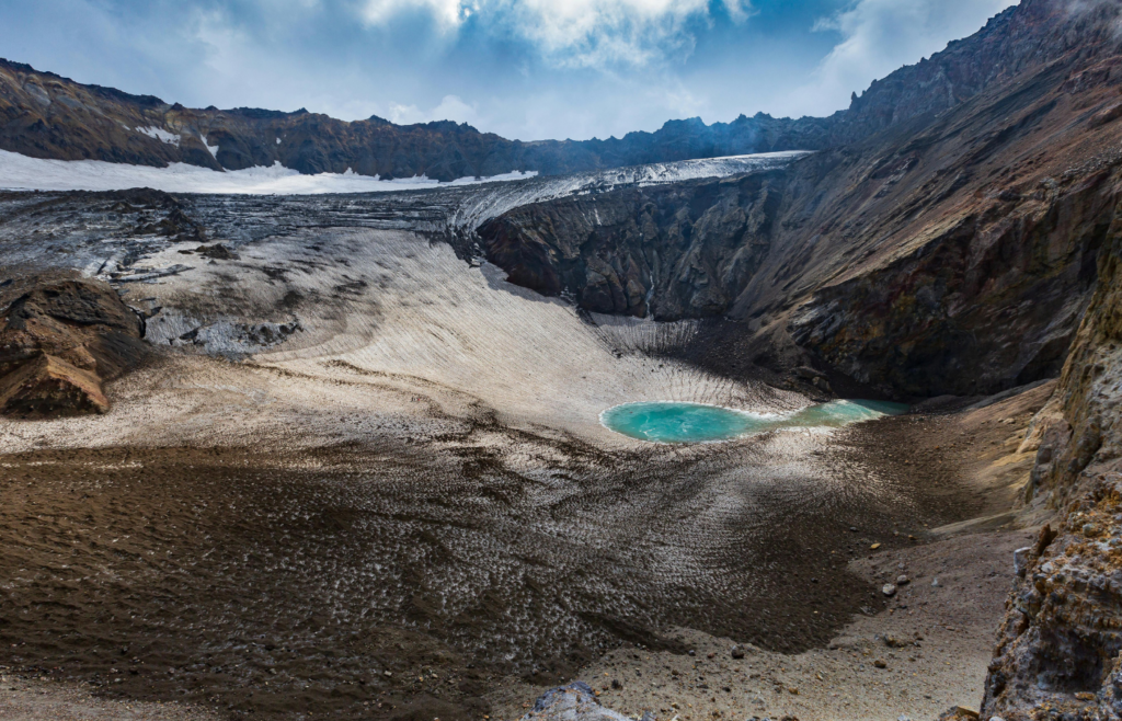 Glacier-covered volcano with melting runoff