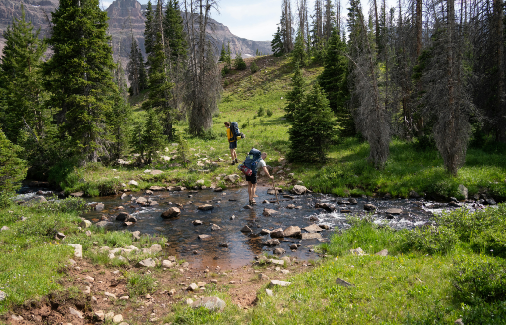 Two people hiking through a stream in the mountains