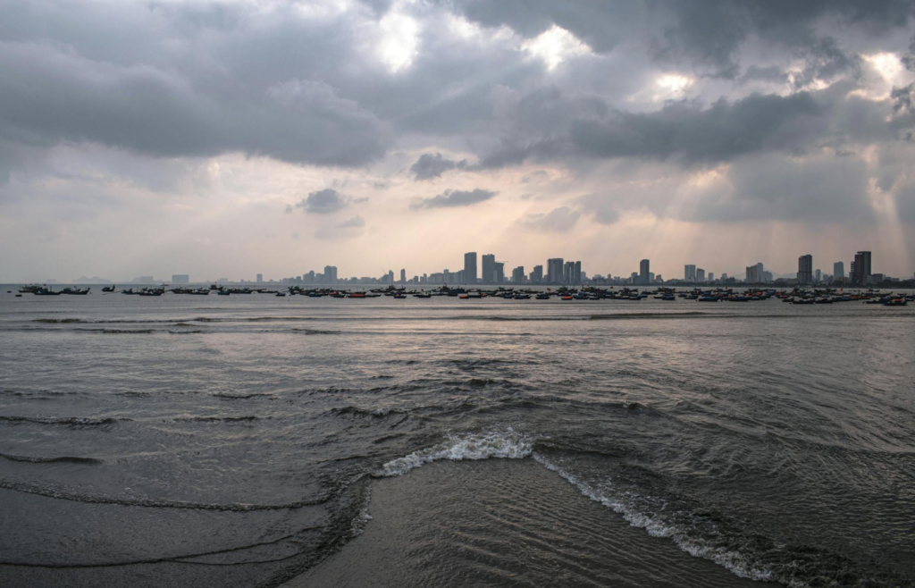 Waves sloshing in a pool or harbor during a quake