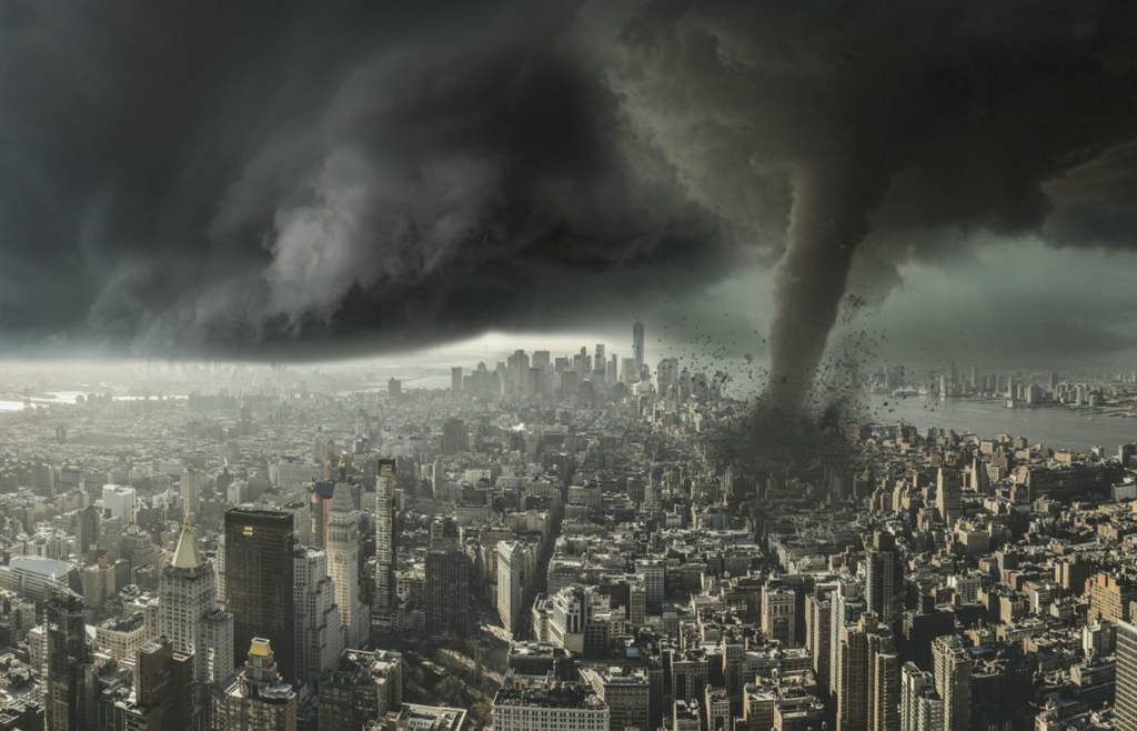 Tornado approaching city skyline under dark storm clouds
