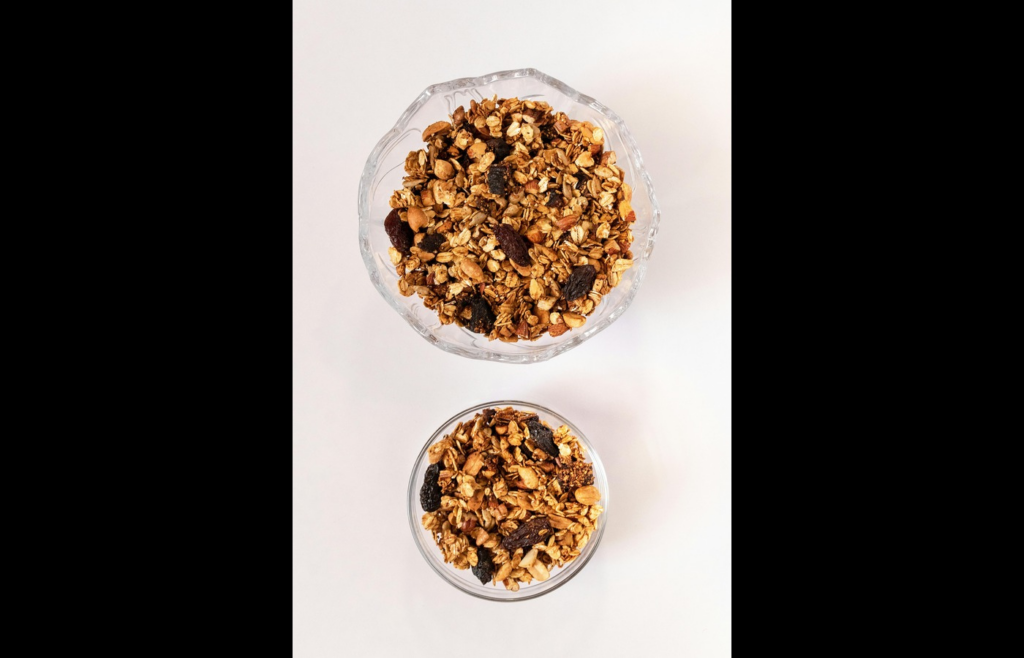 Mixed cereals in glass bowls