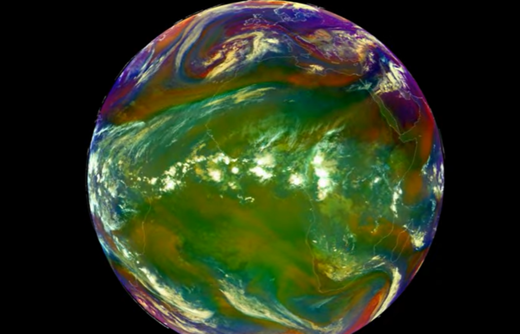 False-color satellite image showing Earth's atmospheric patterns