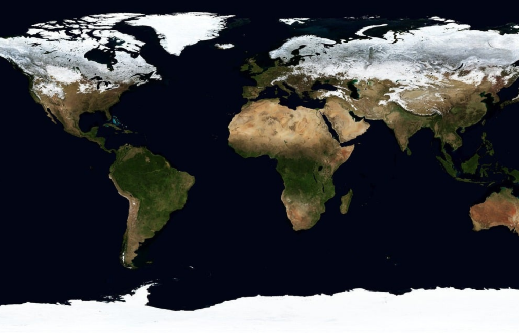 Satellite image of Earth showing continents and snow