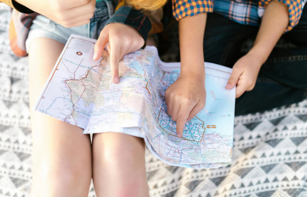 Family reviewing a map for evacuation routes