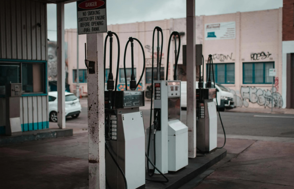 Closed gas station with empty pumps