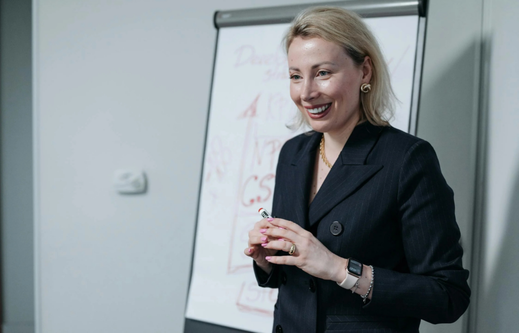 A person confidently delivering a presentation