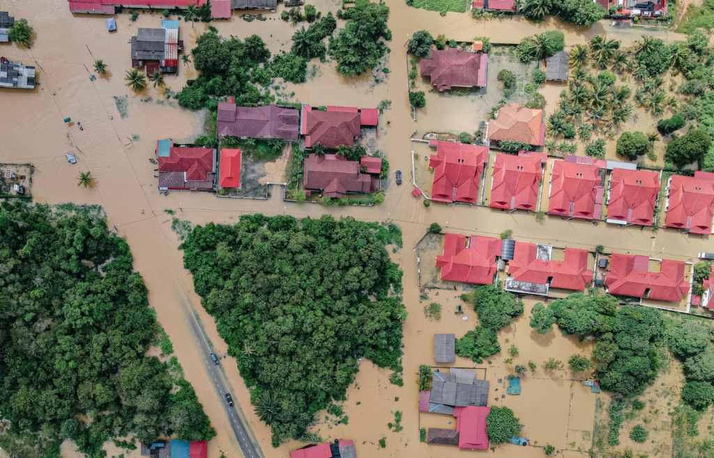 Aerial view of flooded village