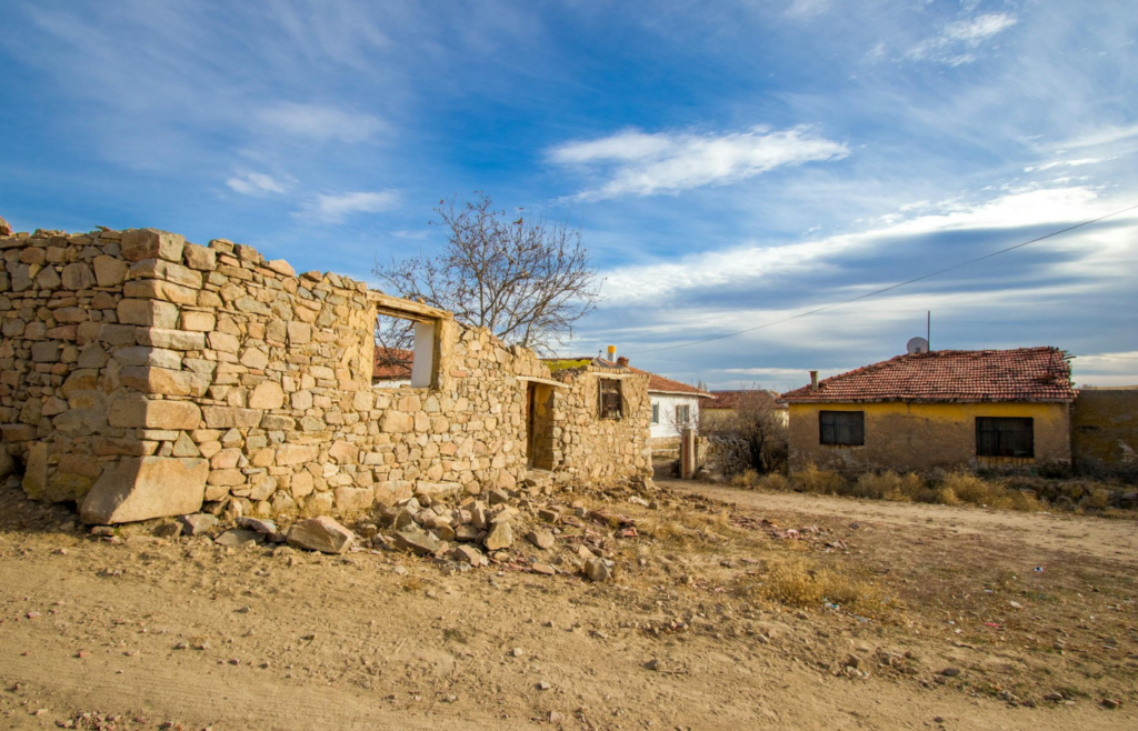  Parched landscape with abandoned villages in the Sahel region
