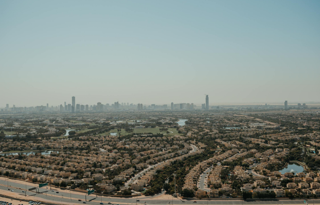 Aerial view of a neighborhood with visibly sunken areas