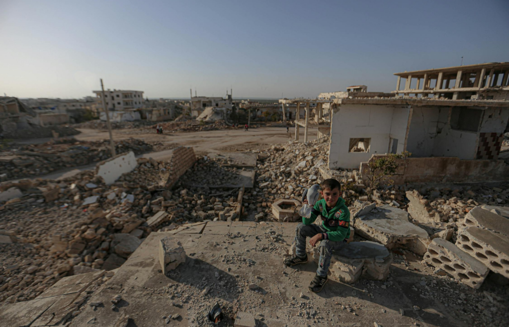 Tornado aftermath with destroyed homes and debris