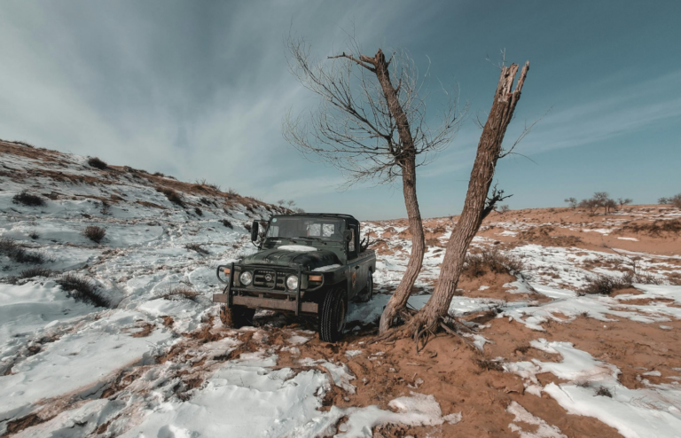 Sand dunes lightly covered with snow.
