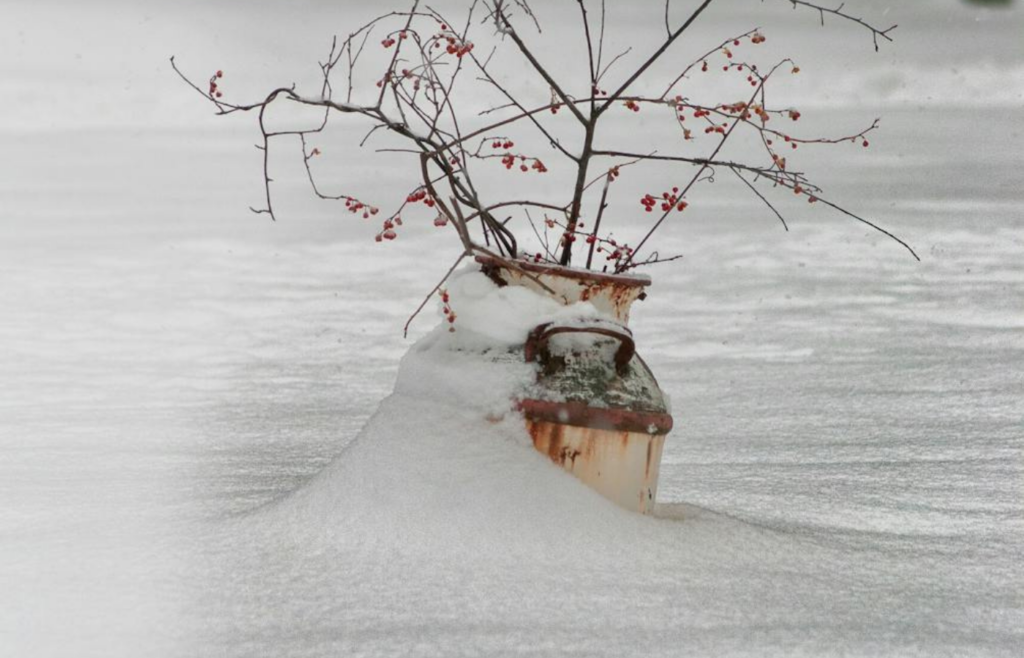 Pot filled with snow on a stovetop