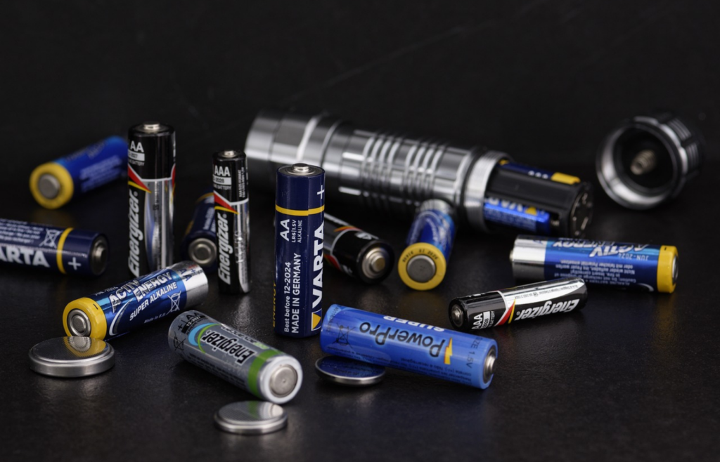 extra batteries next to a hurricane preparedness kit.