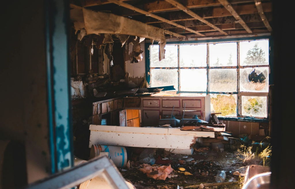 The interior of a dilapidated house