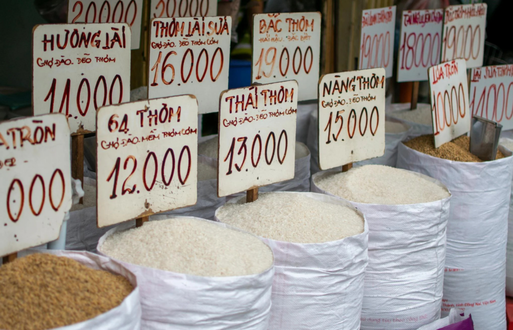 A sack full of white rice grains