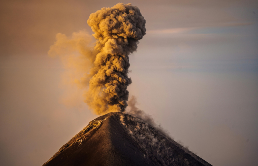 Column of smoke over the volcano