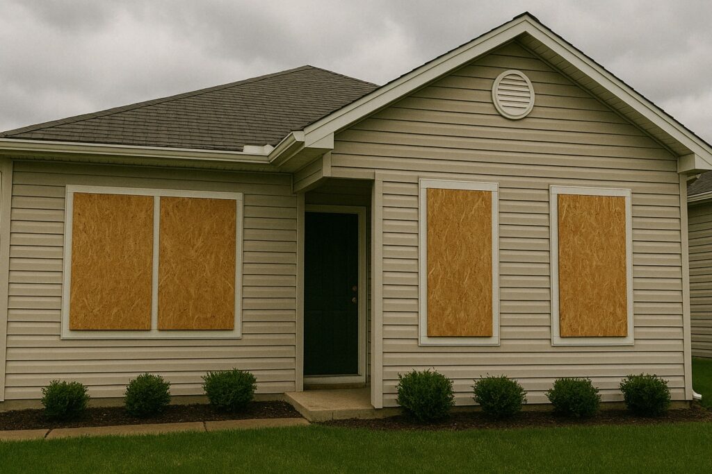 House with plywood windows, AI