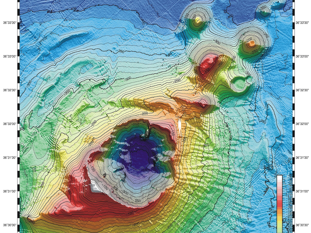 Map of the Kolumbo submarine crater and other submarine cones on the north-east trending Kolumbo volcano-tectonic rift. Cyclades, Greece, near the island of Santorini