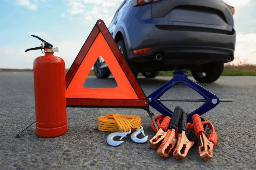 Emergency Warning Triangle and Car Safety Equipment Outdoors